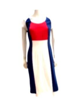 ASHRO-WOMENS RED-WHITE-BLUE MIDI BACK ZIP-UP CLOSURE CREW NECK DRESS SIZE SMALL
